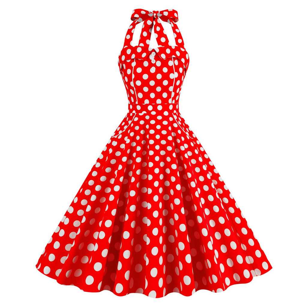 Women Retro Polka Dot Dresses Vintage 1950s Halter Cocktail Prom Rockabilly Dresses