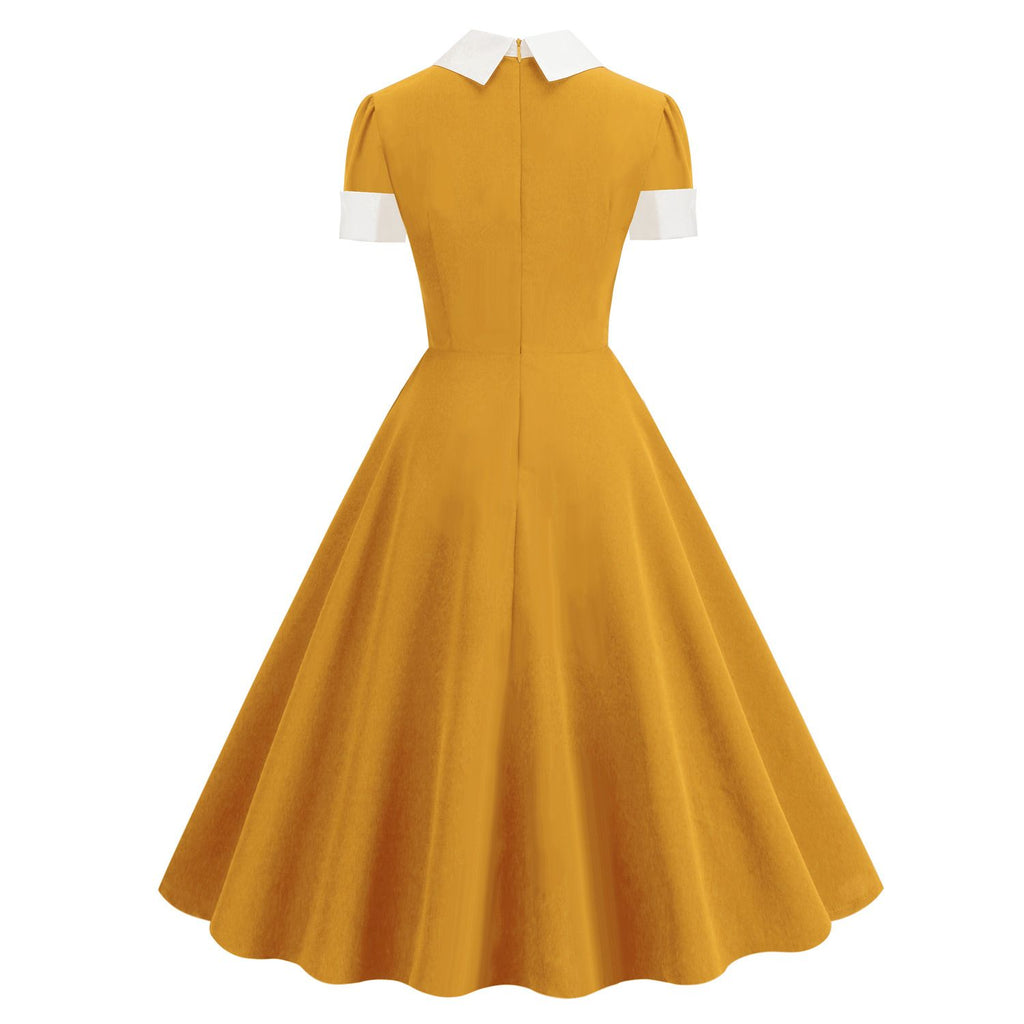 Women Short Sleeve 1950s Retro Vintage Cocktail Party Swing A-Line Work Dress