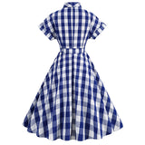 Women Tie Neck Vintage Pink Plaid Dress Buttons Down 50s Flared A-Line Prom Swing Dress
