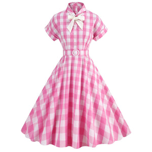 Women Tie Neck Vintage Pink Plaid Dress Buttons Down 50s Flared A-Line Prom Swing Dress