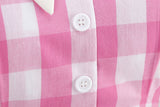 Women Tie Neck Vintage Pink Plaid Dress Buttons Down 50s Flared A-Line Prom Swing Dress