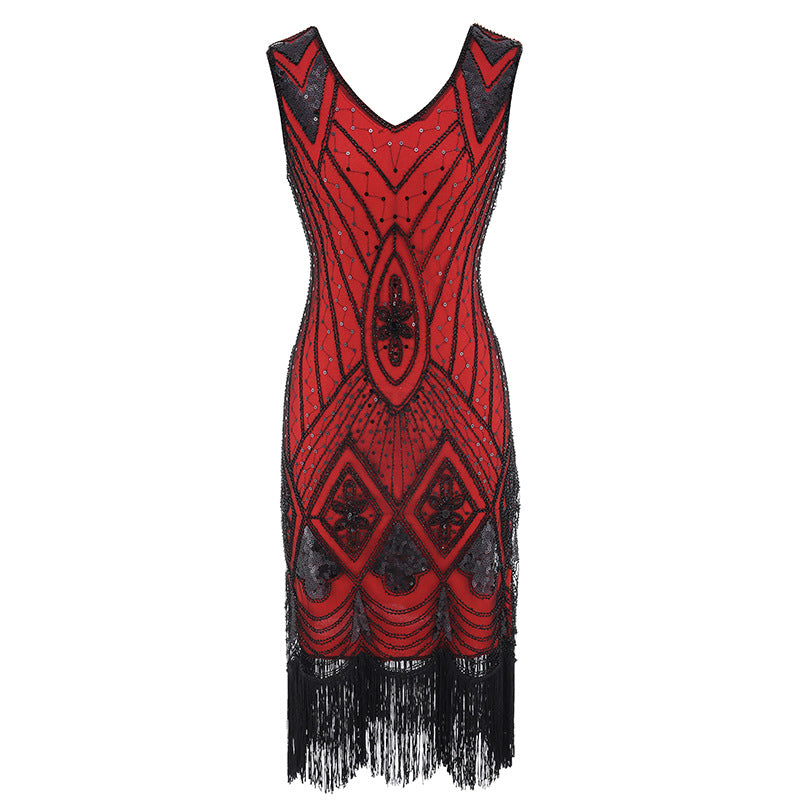 black and red flapper dress Glamorous Dress Red And Black Flapper Dress 1920s Fringe Sequin Flapper Dress In Red Flapper Boutique