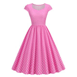 Women Vintage 1950s 1980s Pink Retro Rockabilly Prom Swing Dresses Cap-Sleeve