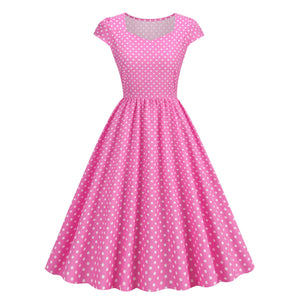 Women Vintage 1950s 1980s Pink Retro Rockabilly Prom Swing Dresses Cap-Sleeve