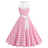 Women Vintage 1950s 1980s Retro Dress Pink Swing Rockabilly A-line Midi Prom Dress