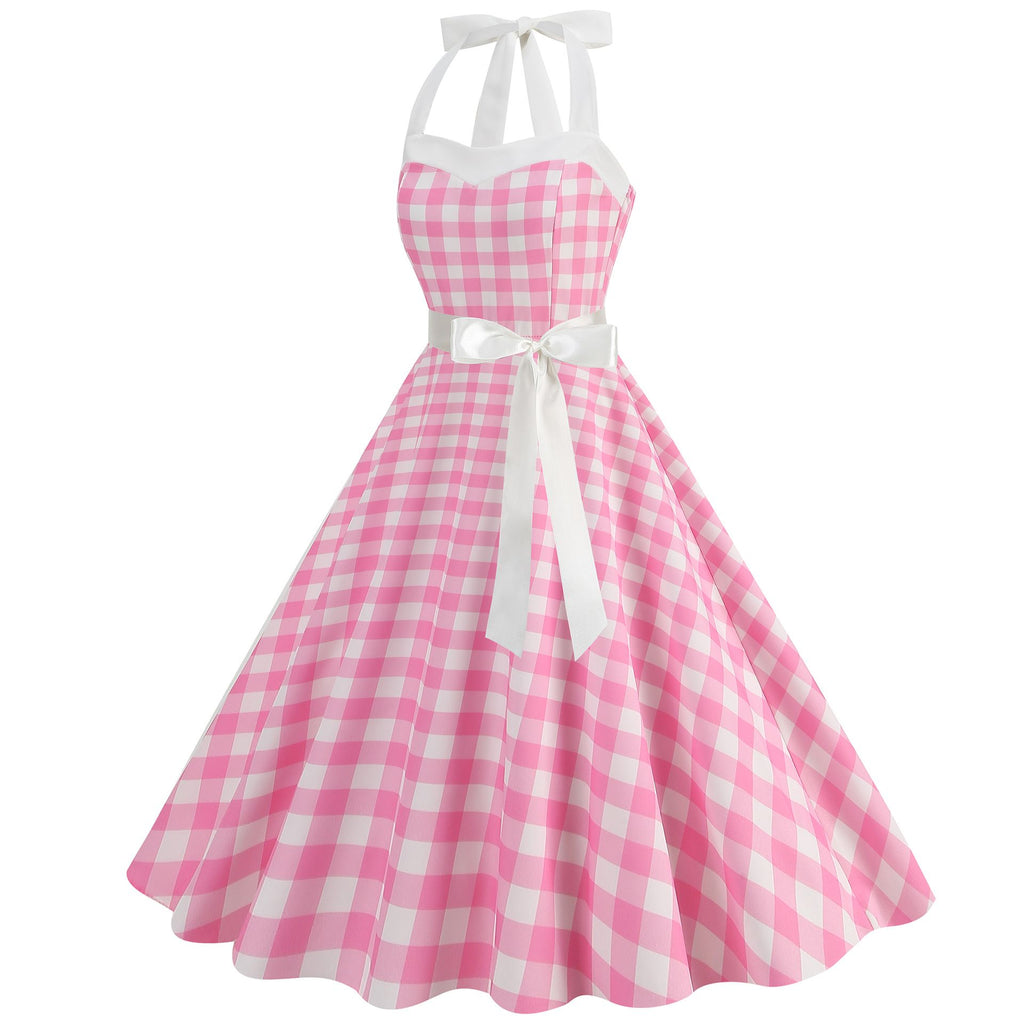 Women Vintage 1950s 1980s Retro Dress Pink Swing Rockabilly A-line Midi Prom Dress