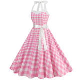 Women Vintage 1950s 1980s Retro Dress Pink Swing Rockabilly A-line Midi Prom Dress