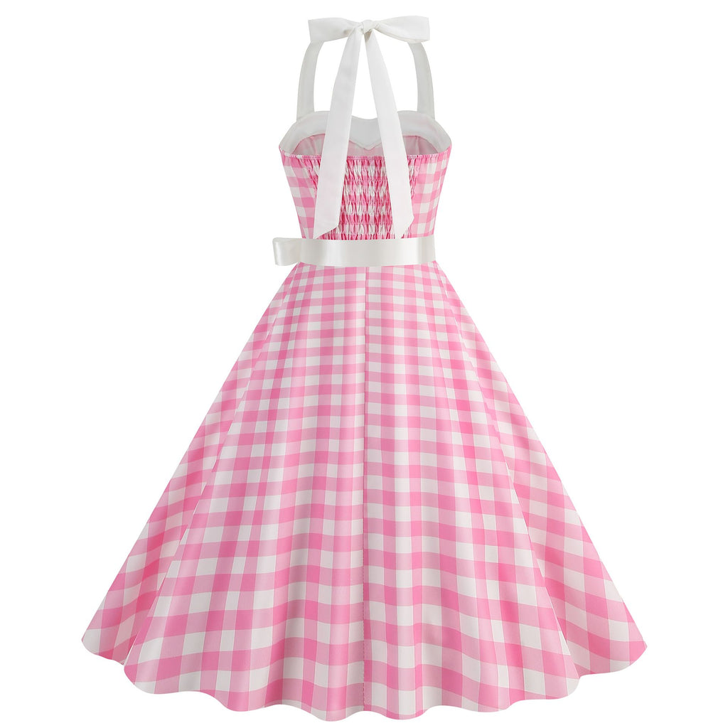 Women Vintage 1950s 1980s Retro Dress Pink Swing Rockabilly A-line Midi Prom Dress