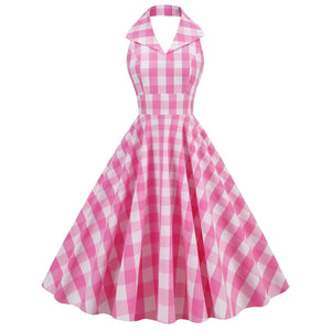 Women Vintage 1950s Halter Cocktail Party Swing Prom Rockabilly Pink Plaid Dresses