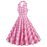 Women Vintage 1950s Halter Cocktail Party Swing Prom Rockabilly Pink Plaid Dresses