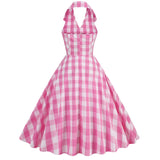 Women Vintage 1950s Halter Cocktail Party Swing Prom Rockabilly Pink Plaid Dresses