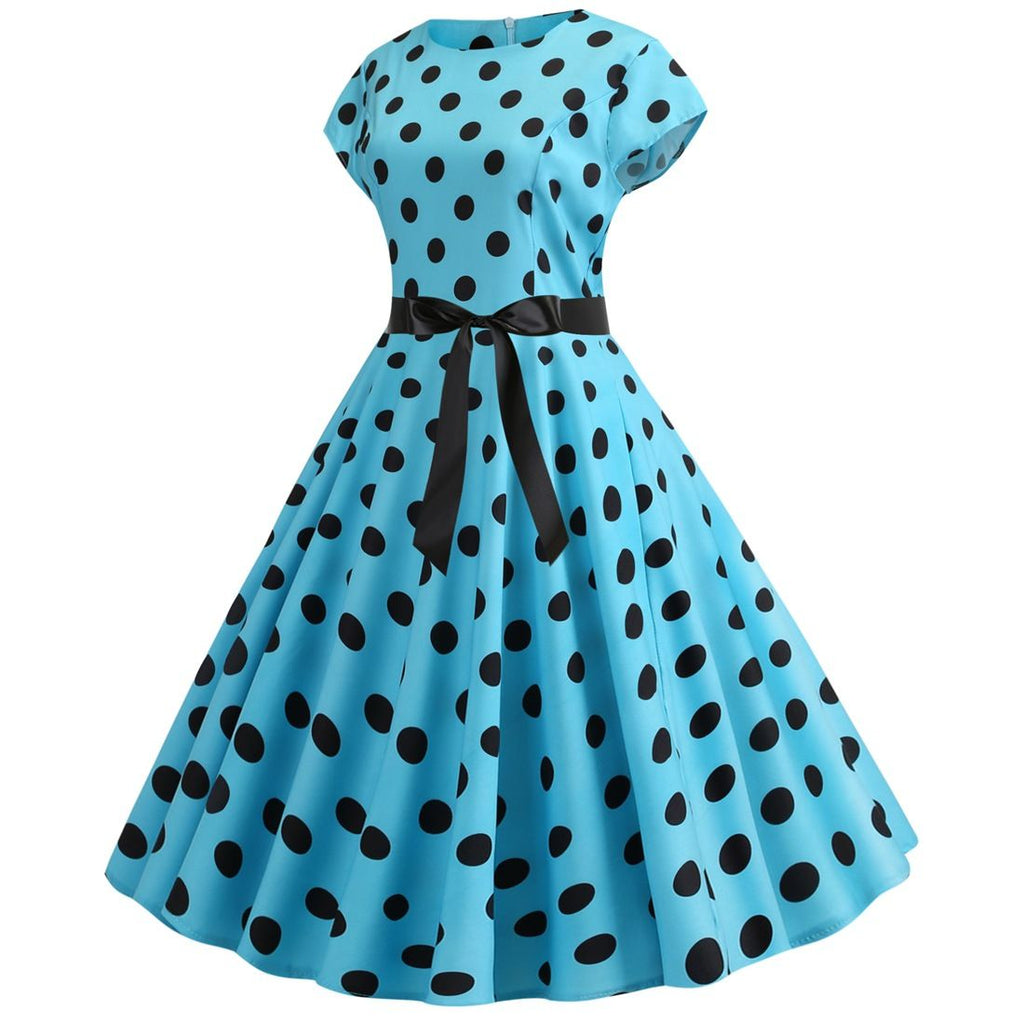 Women Vintage 1950s Retro Polka Dot Print Evening Party Prom Swing Dress