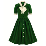 Women Vintage Buttons Down 50s A-Line Casual Prom Swing Dress