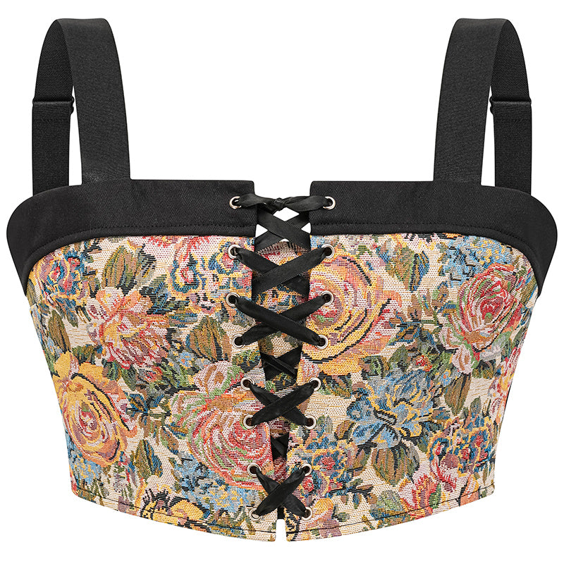Women Vintage Floral Flower Embroidery Pattern Tight Tie-up Suspender Corset