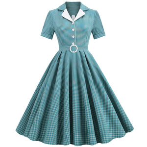 Women Vintage Pink Plaid Short Sleeve Dress with Belt Rockabilly Cocktail Party 1950S Swing Dress