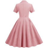 Women Vintage Pink Plaid Short Sleeve Dress with Belt Rockabilly Cocktail Party 1950S Swing Dress