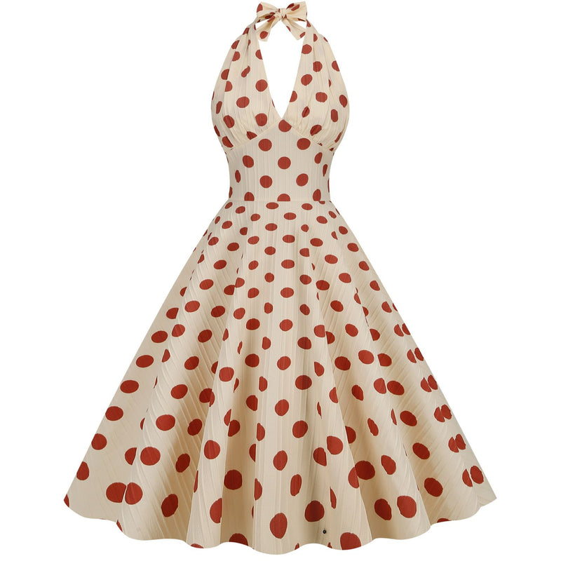 Women Vintage Polka Dot 1950s Rockabilly Halter Audrey Dress Retro Cocktail Swing Dress