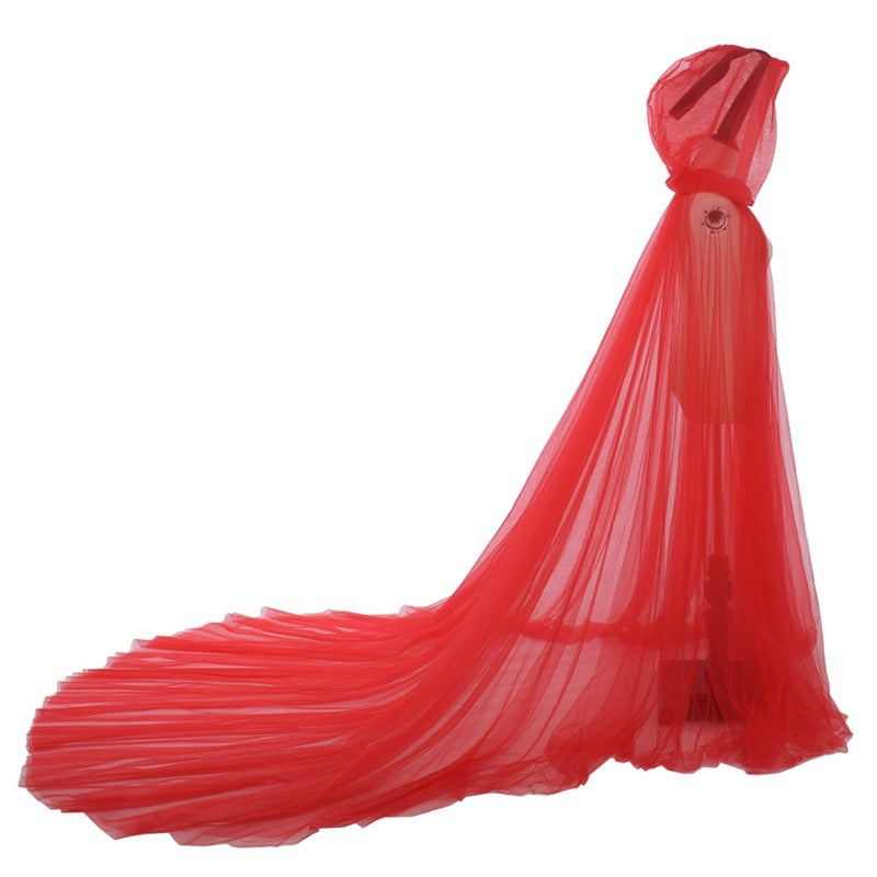 Women Wedding Tulle Cape Hooded Elf Cloak Bridal Dress Robe with Long Train