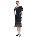 Women's 1920s Flapper Dress Short Sleeve Sequin Art Deco Fringed Gatsby Costume