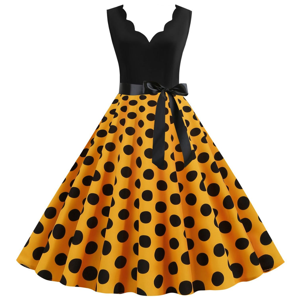 Women's 1950s Polka Dot Summer Dress Sleeveless V-Neck Elegant Vintage Party Dress