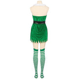 Women's 4PCS Christmas Elf Santa's Helper Costume for Women Party Fancy Dress with Hat