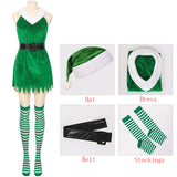 Women's 4PCS Christmas Elf Santa's Helper Costume for Women Party Fancy Dress with Hat