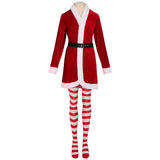 Women's 4 Pcs Mrs Claus Santa Christmas Costume with Hooded Dress with Belt Stockings Gloves