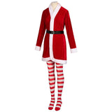 Women's 4 Pcs Mrs Claus Santa Christmas Costume with Hooded Dress with Belt Stockings Gloves