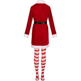 Women's 4 Pcs Mrs Claus Santa Christmas Costume with Hooded Dress with Belt Stockings Gloves