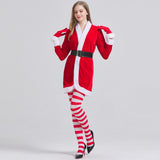 Women's 4 Pcs Mrs Claus Santa Christmas Costume with Hooded Dress with Belt Stockings Gloves