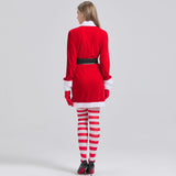 Women's 4 Pcs Mrs Claus Santa Christmas Costume with Hooded Dress with Belt Stockings Gloves