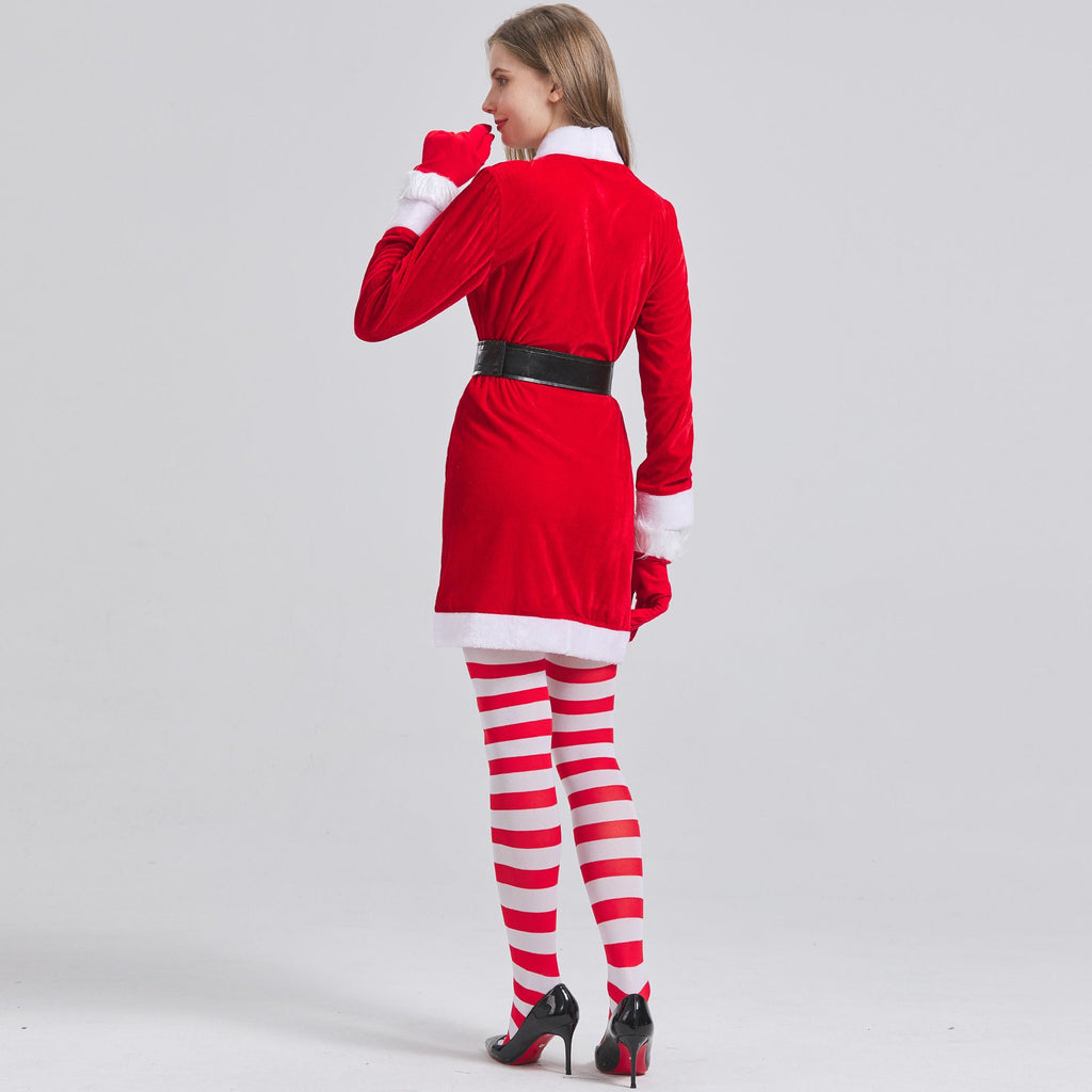 Women's 4 Pcs Mrs Claus Santa Christmas Costume with Hooded Dress with Belt Stockings Gloves