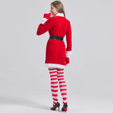 Women's 4 Pcs Mrs Claus Santa Christmas Costume with Hooded Dress with Belt Stockings Gloves