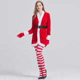 Women's 4 Pcs Mrs Claus Santa Christmas Costume with Hooded Dress with Belt Stockings Gloves