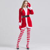 Women's 4 Pcs Mrs Claus Santa Christmas Costume with Hooded Dress with Belt Stockings Gloves