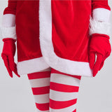 Women's 4 Pcs Mrs Claus Santa Christmas Costume with Hooded Dress with Belt Stockings Gloves