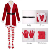 Women's 4 Pcs Mrs Claus Santa Christmas Costume with Hooded Dress with Belt Stockings Gloves