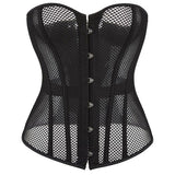 Women's Black Corset Top Mesh Boned Body Shaper Sexy Lace Up Overbust Waist Trainer
