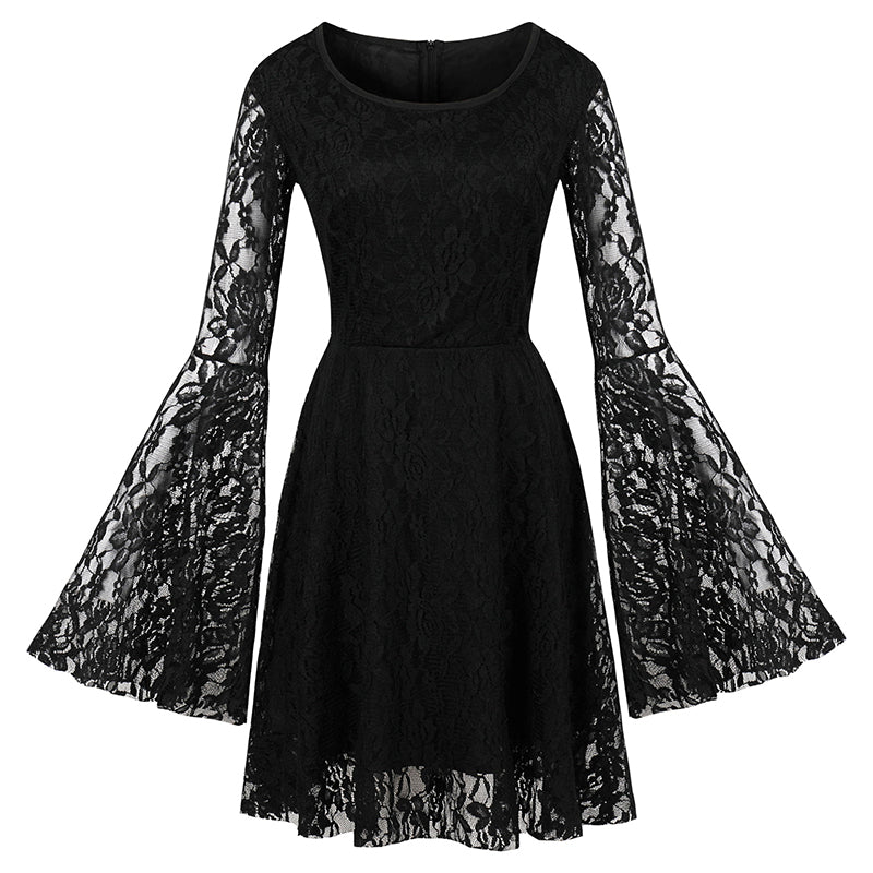 Women's Black Long Sleeves Lace Gothic Cocktail Dress
