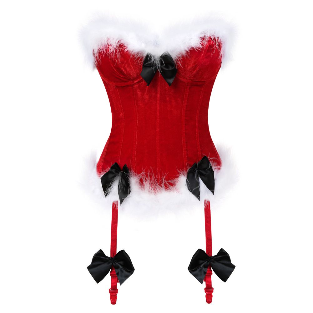 Women's Christmas Feather Velvet Santa Costume Sexy Bustier Corset Top Garter Lingerie