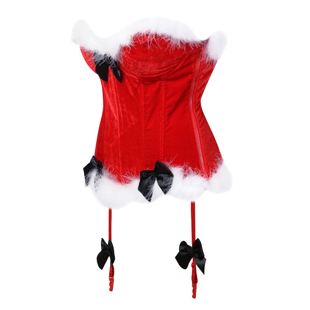 Women's Christmas Feather Velvet Santa Costume Sexy Bustier Corset Top Garter Lingerie