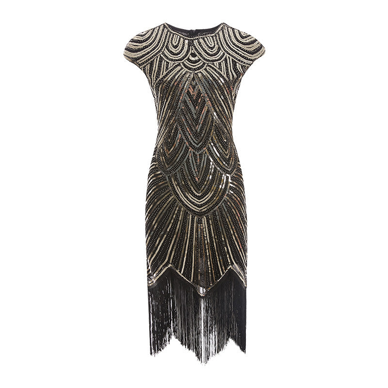 Women's Flapper Dresses 1920s Vintage Beaded Fringed Great Gatsby Dress with Sleeve Roaring 20s