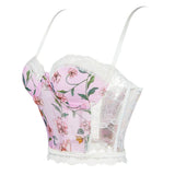 Women's Y2K Floral Lace Up Cami Crop Top Spaghetti Strap Corset Bustier Tops Bralette