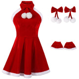 Women's Halter Neck Mini Dress Sexy Christmas Dress A Line Velvet Party Dress Santa Dress
