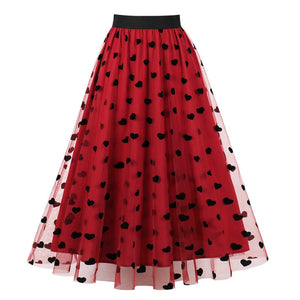 Women's Heart Printed Contrast Mesh Frill Trim Flared Midi Skirt