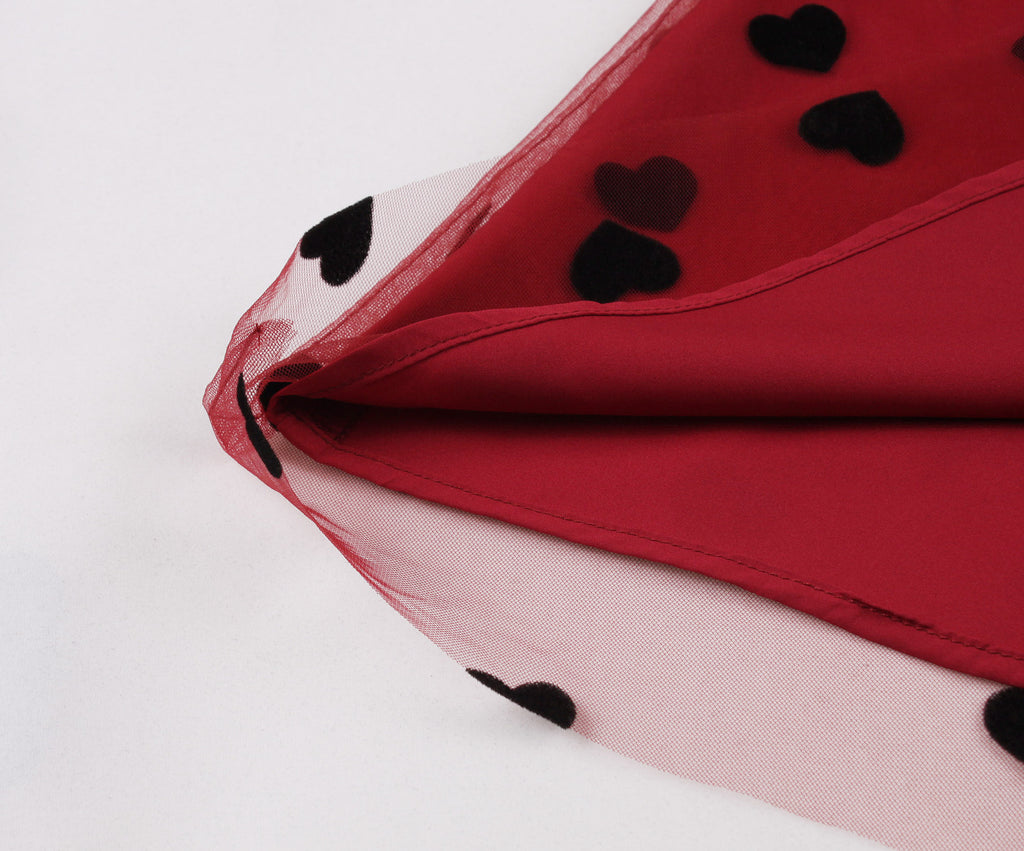 Women's Heart Printed Contrast Mesh Frill Trim Flared Midi Skirt