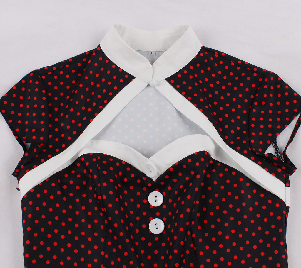 Women's High Neck Cutout Front Polka Dots 1950s Vintage Formal Dress