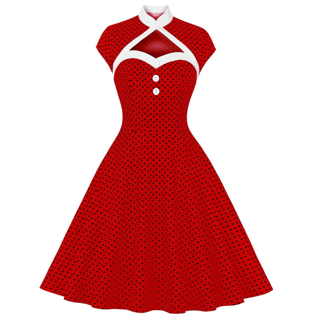 Women's High Neck Cutout Front Polka Dots 1950s Vintage Formal Dress