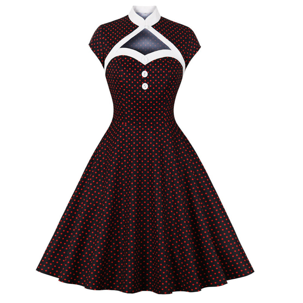Women's High Neck Cutout Front Polka Dots 1950s Vintage Formal Dress