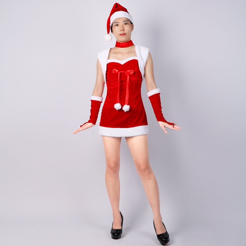 Women's Mrs. Claus Santa Costume 4Pcs Adult Costumes Red Velvet Fancy Christmas Dress with Belt Lady Cosplay